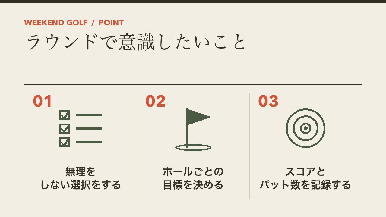 ゴルフの100切りのためにラウンドで意識したいことを、無理をしない選択をする・ホールごとの目標を決める・スコアとパット数を記録するの3つに分けて図解したインフォグラフィックです。