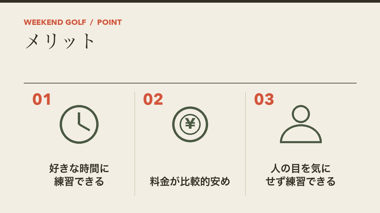 24時間営業のインドアゴルフのメリットを、好きな時間に練習できる・料金が比較的安め・人の目を気にせず練習できるの3つに分けて図解したインフォグラフィックです。