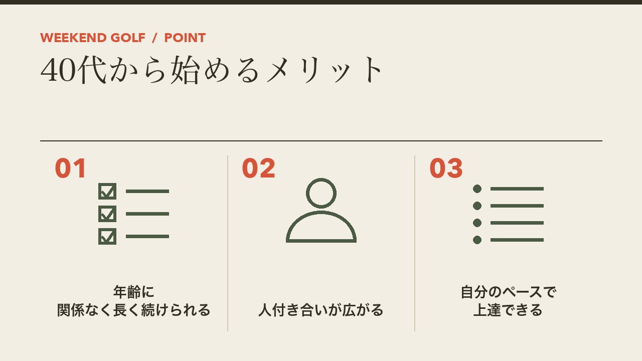 40代からゴルフを始めるメリットを、年齢に関係なく長く続けられる・人付き合いが広がる・自分のペースで上達できるの3つに分けて図解したインフォグラフィックです。