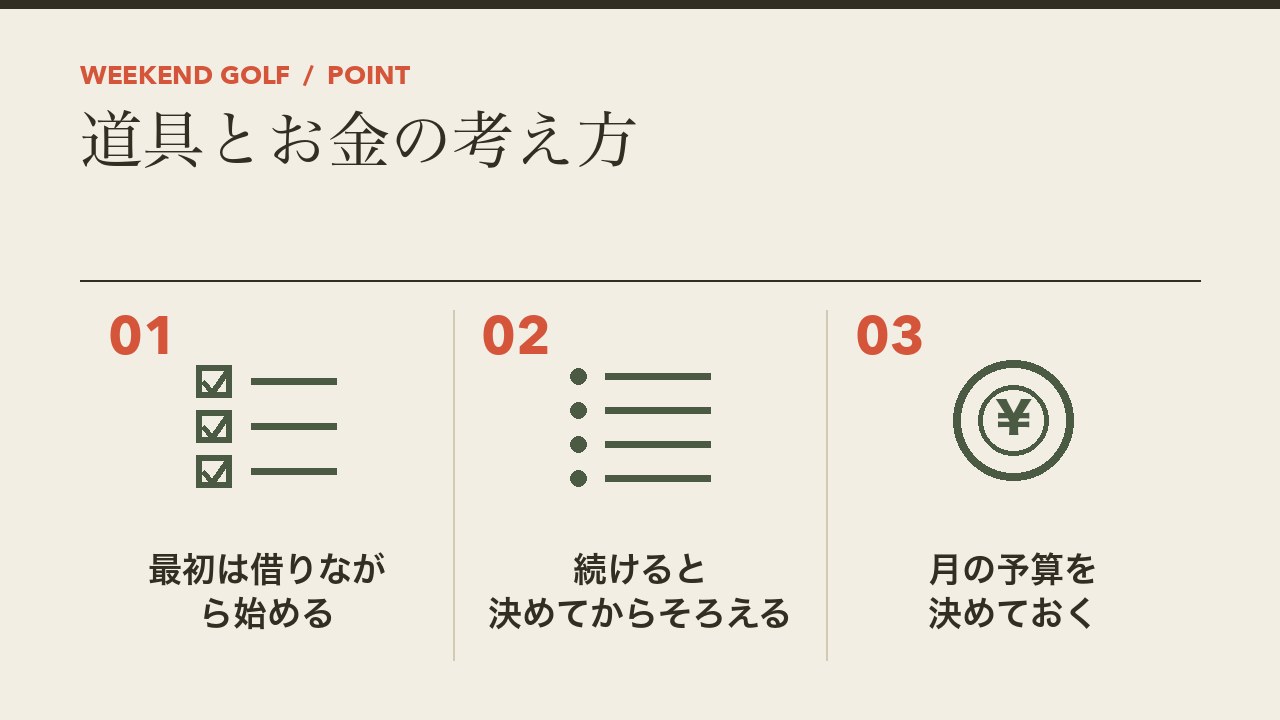 40代のゴルフの道具とお金の考え方を、最初は借りながら始める・続けると決めてからそろえる・月の予算を決めておくの3つに分けて図解したインフォグラフィックです。