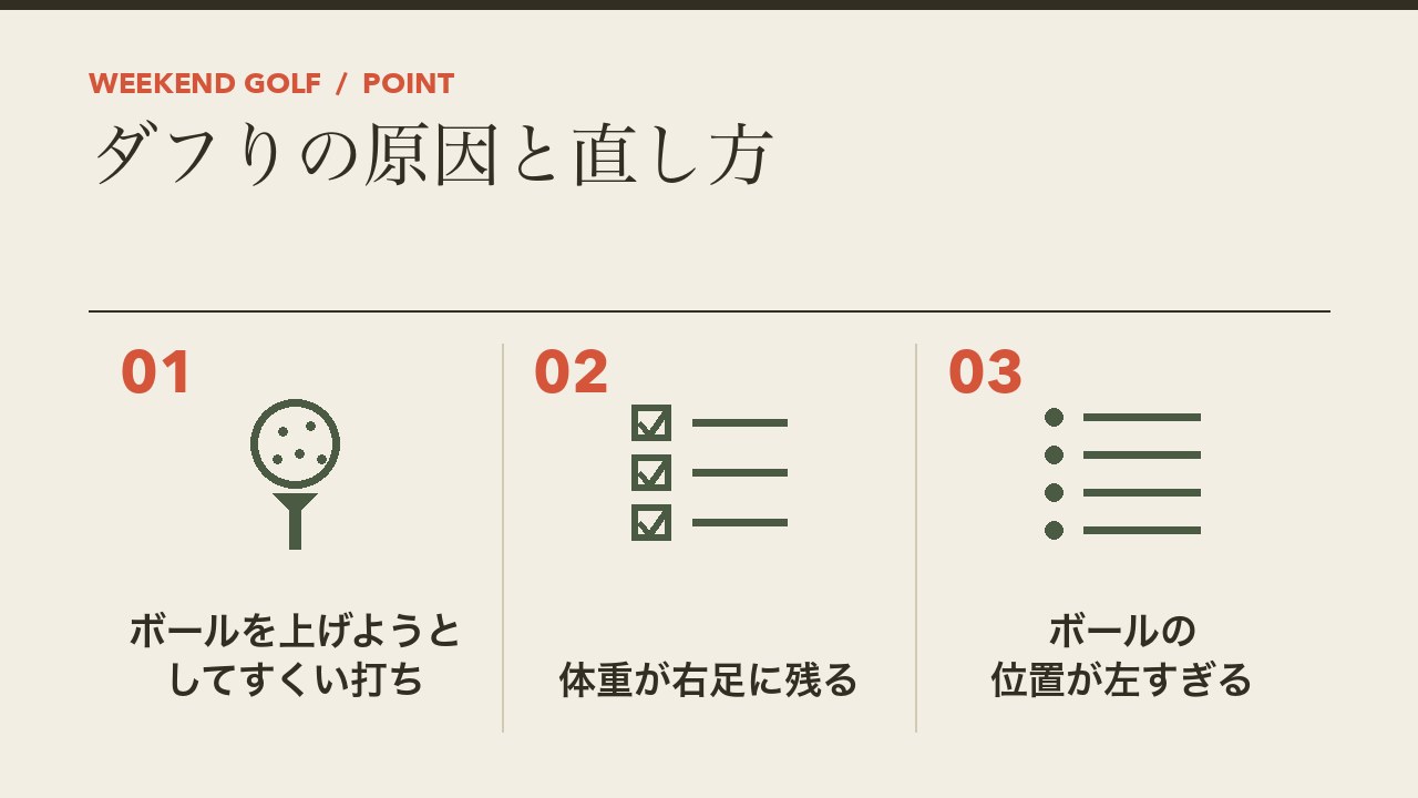 ゴルフのダフりの原因と直し方を、ボールを上げようとしてすくい打ち・体重が右足に残る・ボールの位置が左すぎるの3つに分けて図解したインフォグラフィックです。