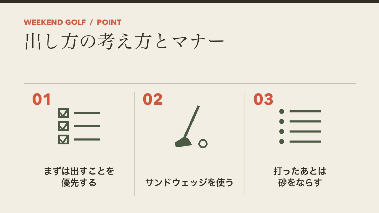 ゴルフのバンカーからの出し方の考え方とマナーを、まずは出すことを優先する・サンドウェッジを使う・打ったあとは砂をならすの3つに分けて図解したインフォグラフィックです。