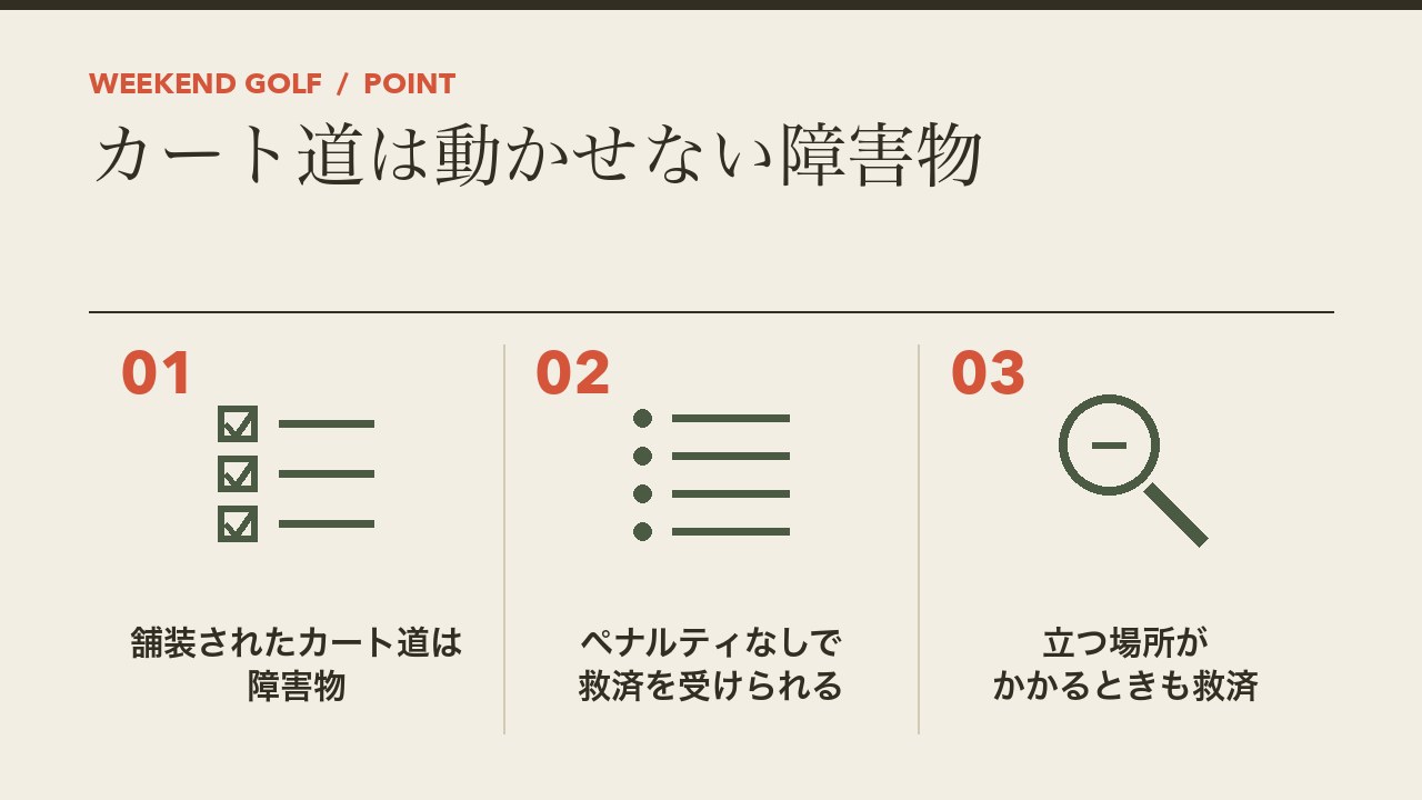 カート道は動かせない障害物であることを、舗装されたカート道は障害物・ペナルティなしで救済を受けられる・立つ場所がかかるときも救済の3つに分けて図解したインフォグラフィックです。