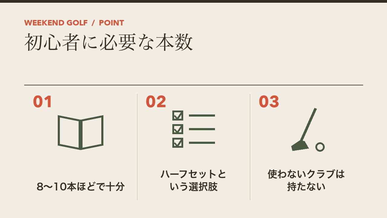 初心者に必要なゴルフクラブの本数を、8から10本ほどで十分・ハーフセットという選択肢・使わないクラブは持たないの3つに分けて図解したインフォグラフィックです。