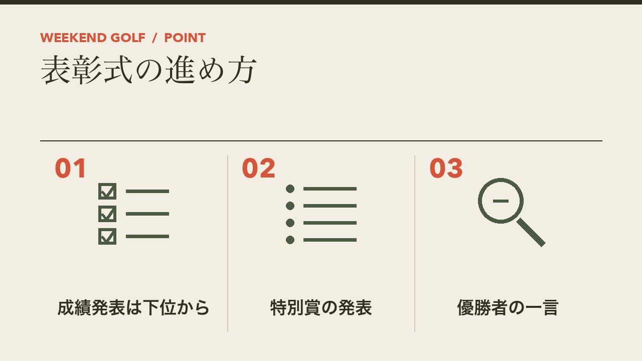 ゴルフコンペの表彰式の進め方を、成績発表は下位から・特別賞の発表・優勝者の一言の3つに分けて図解したインフォグラフィックです。