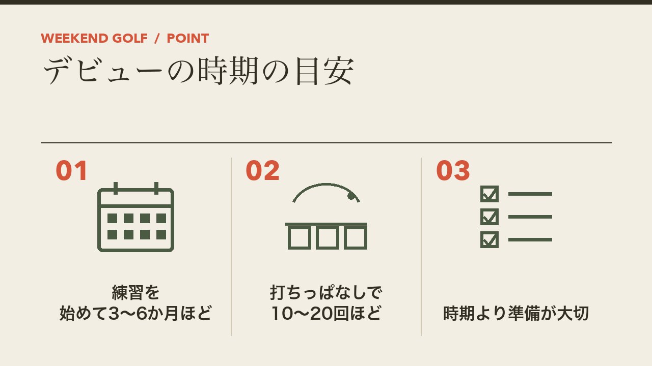ゴルフのコースデビューの時期の目安を、練習を始めて3から6か月ほど・打ちっぱなしで10から20回ほど・時期より準備が大切の3つに分けて図解したインフォグラフィックです。