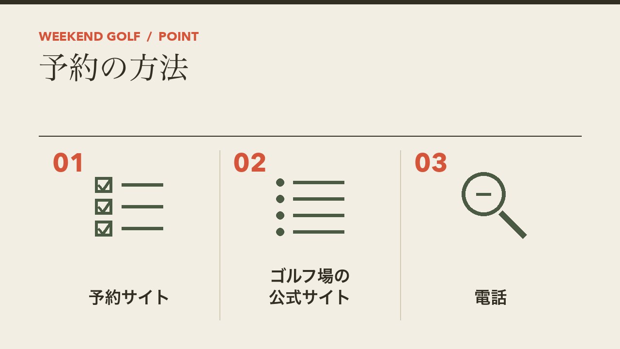 ゴルフ場の予約の方法を、予約サイト・ゴルフ場の公式サイト・電話の3つに分けて図解したインフォグラフィックです。