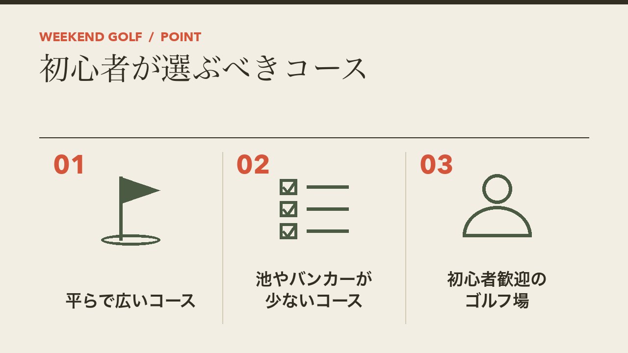 初心者が選ぶべきゴルフコースを、平らで広いコース・池やバンカーが少ないコース・初心者歓迎のゴルフ場の3つに分けて図解したインフォグラフィックです。