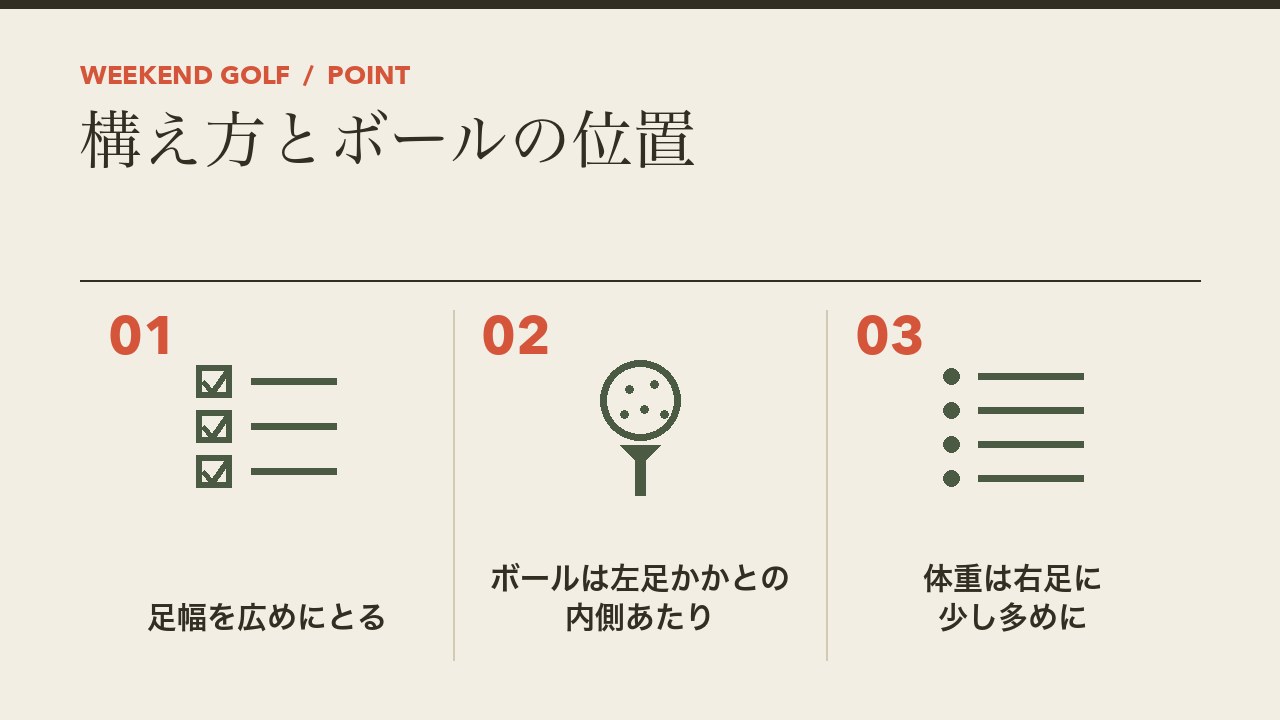 ゴルフのドライバーの構え方とボールの位置を、足幅を広めにとる・ボールは左足のかかとの内側あたり・体重は右足に少し多めの3つに分けて図解したインフォグラフィックです。