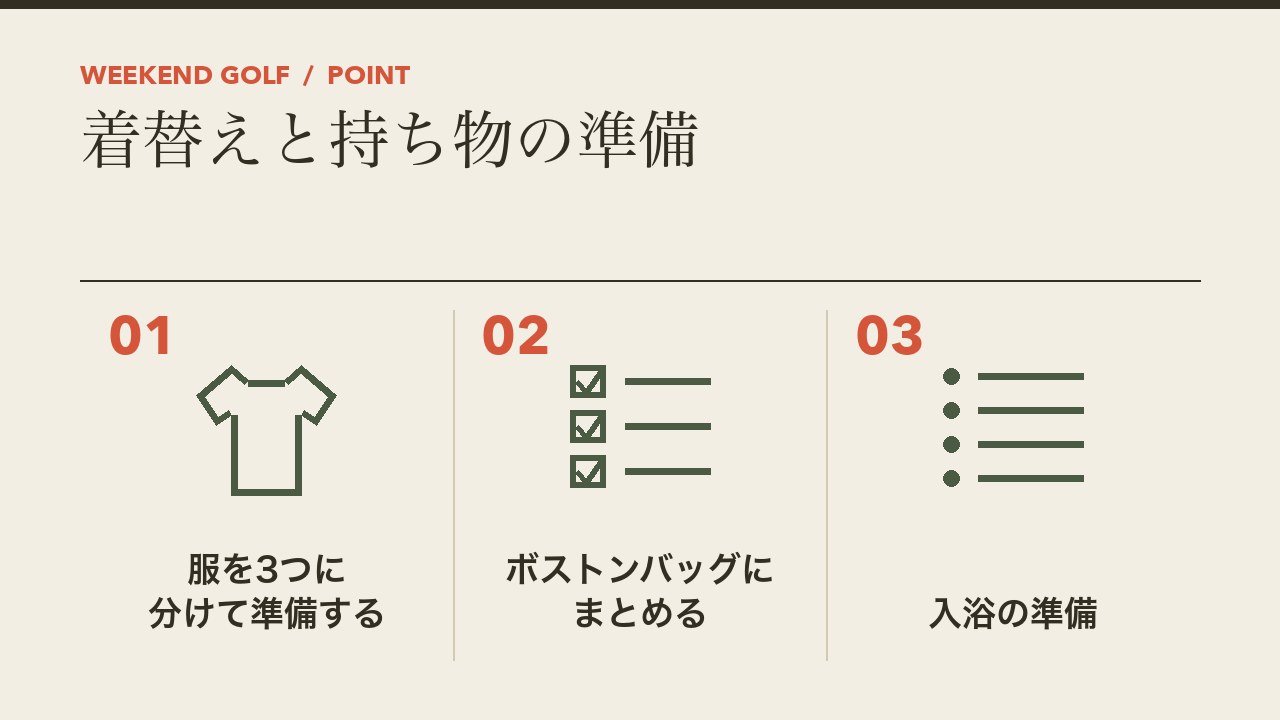 ゴルフの行き帰りの着替えと持ち物の準備を、行き帰りとプレー用と帰りの着替えを分ける・ボストンバッグにまとめる・入浴の準備の3つに分けて図解したインフォグラフィックです。