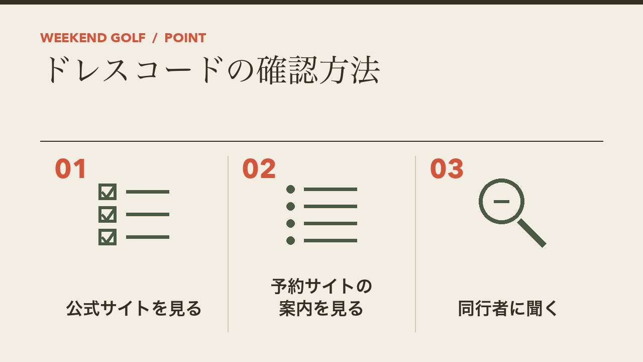 ゴルフ場のドレスコードの確認方法を、公式サイトを見る・予約サイトの案内を見る・同行者に聞くの3つに分けて図解したインフォグラフィックです。
