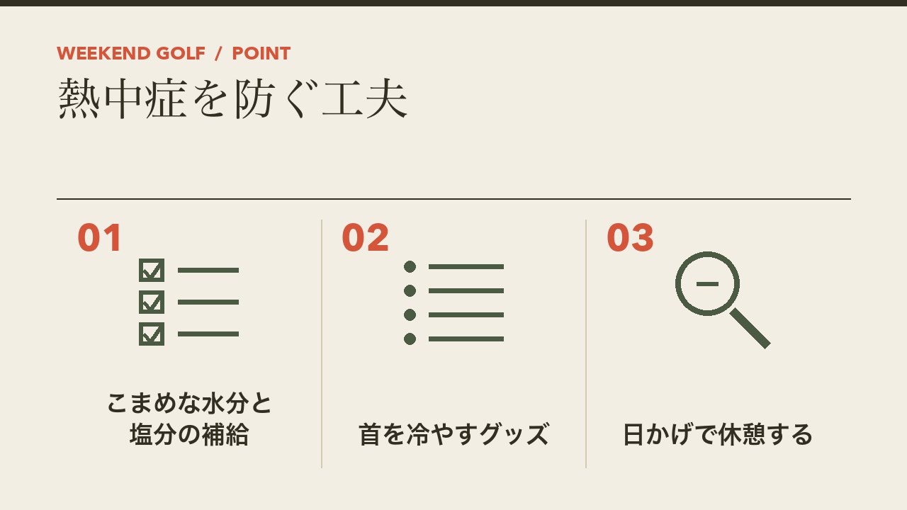 夏のゴルフで熱中症を防ぐ工夫を、こまめな水分と塩分の補給・首を冷やすグッズ・日かげで休憩するの3つに分けて図解したインフォグラフィックです。