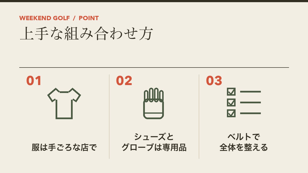 手ごろな店とゴルフ専用品の上手な組み合わせ方を、服は手ごろな店で・シューズとグローブは専用品・ベルトで全体を整えるの3つに分けて図解したインフォグラフィックです。