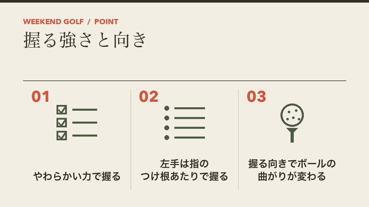 ゴルフのグリップの握る強さと向きを、やわらかい力で握る・左手は指のつけ根で握る・握る向きでボールの曲がりが変わるの3つに分けて図解したインフォグラフィックです。