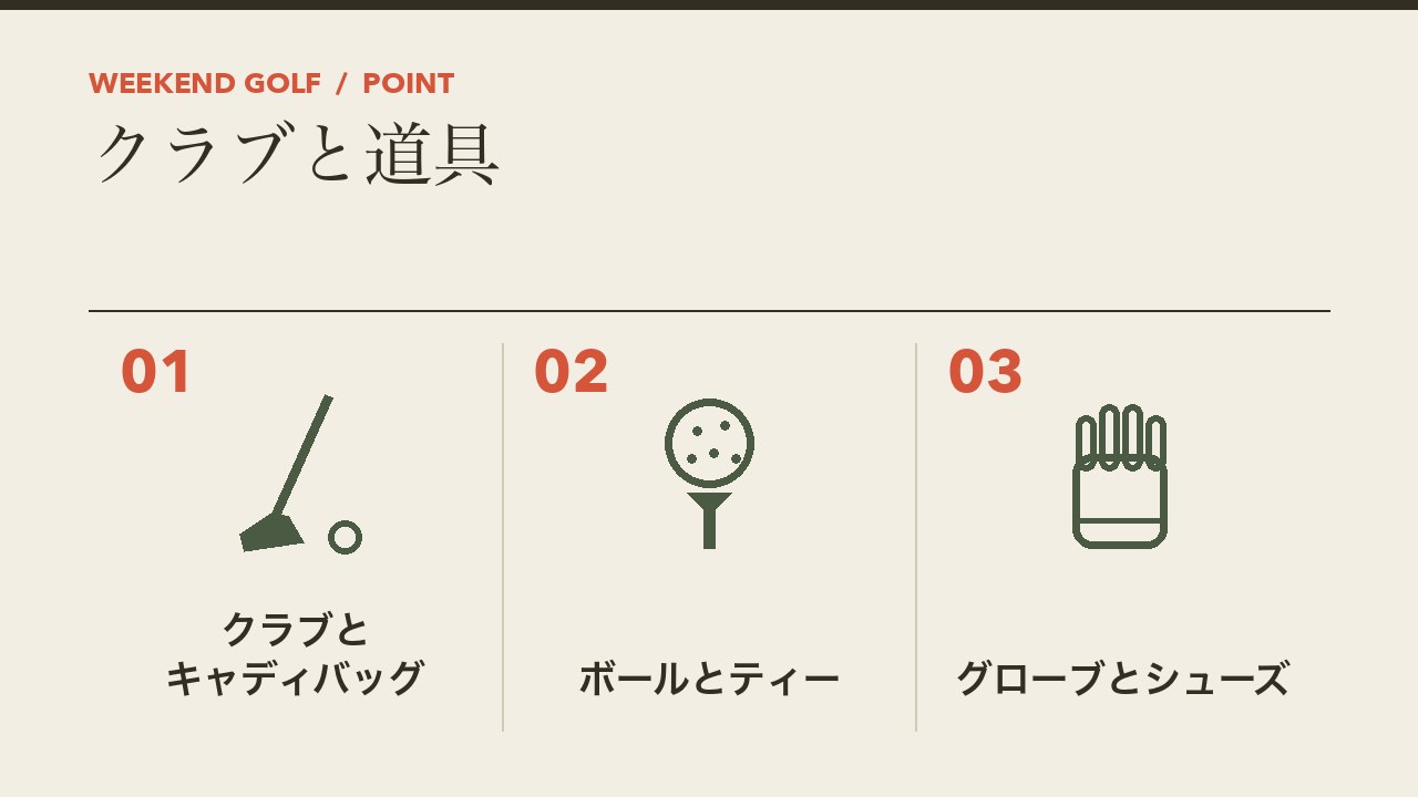 初ラウンドのクラブと道具を、クラブとキャディバッグ・ボールとティー・グローブとシューズの3つに分けて図解したインフォグラフィックです。