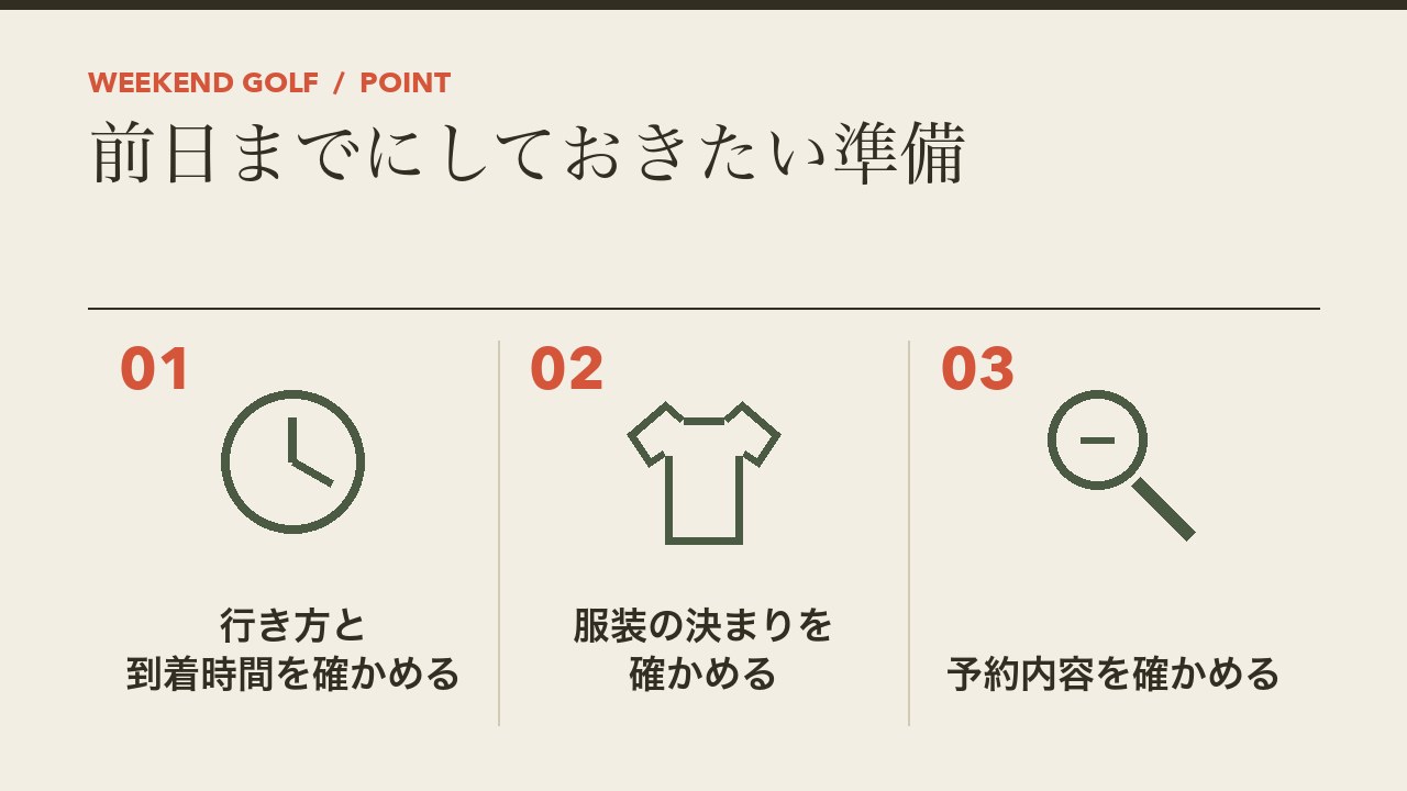 初ラウンドの前日までにしておきたい準備を、行き方と到着時間を確かめる・服装の決まりを確かめる・予約内容を確かめるの3つに分けて図解したインフォグラフィックです。