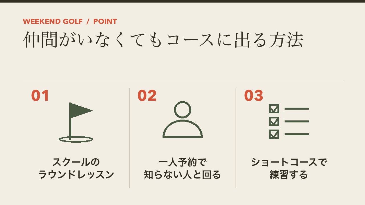 仲間がいなくてもコースに出る方法を、スクールのラウンドレッスン・一人予約・ショートコースの3つに分けて図解したインフォグラフィックです。