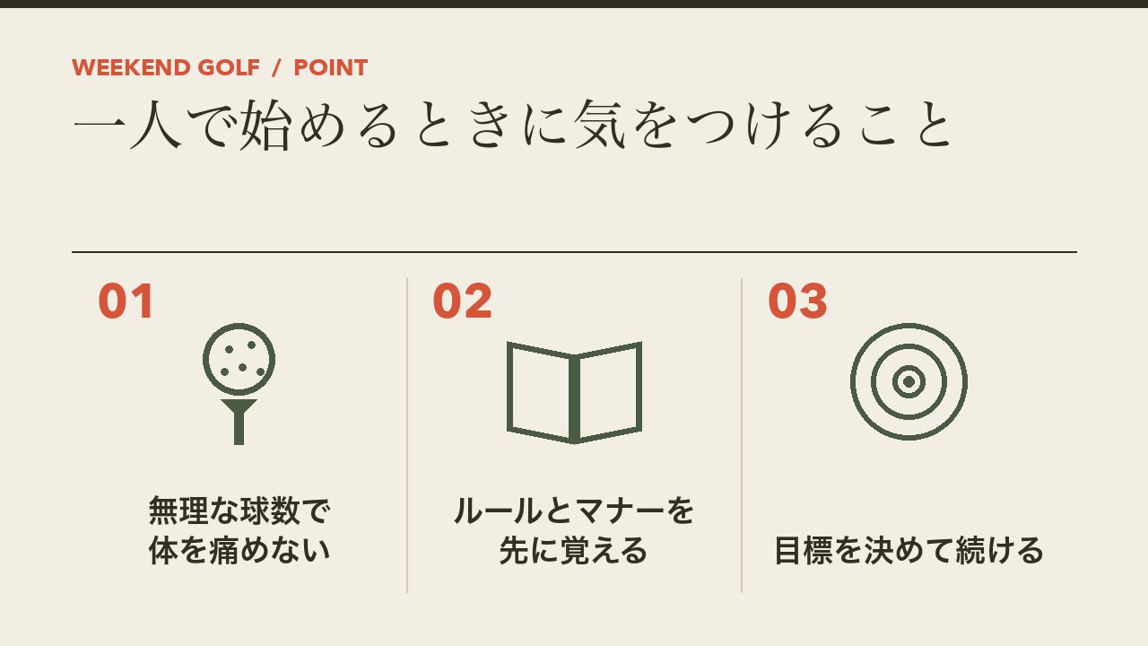 一人で始めるときに気をつけることを、無理な球数で体を痛めない・ルールとマナーを先に覚える・目標を決めて続けるの3つに分けて図解したインフォグラフィックです。