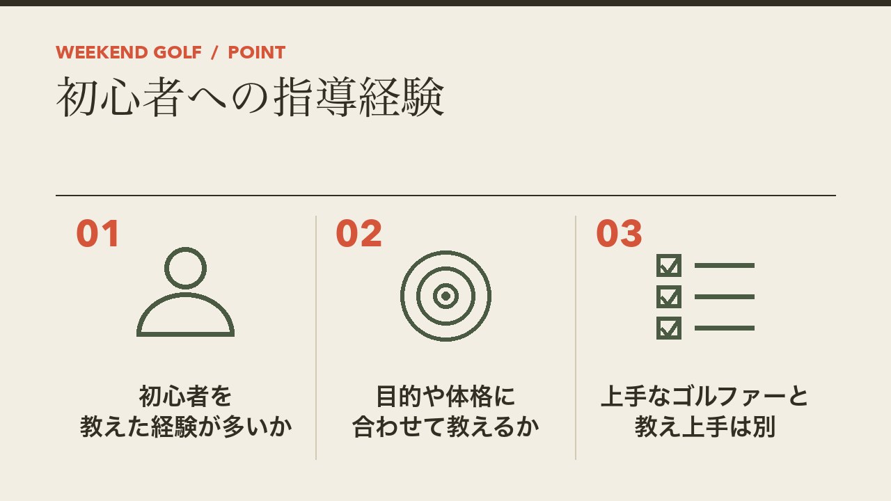 ゴルフのレッスンプロの初心者への指導経験を、初心者を教えた経験が多いか・目的や体格に合わせて教えるか・上手なゴルファーと教え上手は別の3つに分けて図解したインフォグラフィックです。