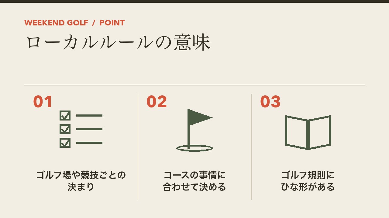 ゴルフのローカルルールの意味を、ゴルフ場ごとの決まり・コースの事情に合わせて決める・ゴルフ規則にひな形があるの3つに分けて図解したインフォグラフィックです。