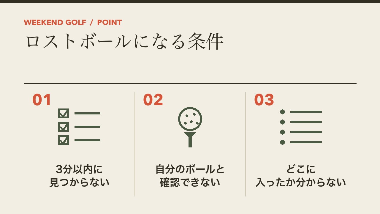 ゴルフのロストボールになる条件を、3分以内に見つからない・自分のボールと確認できない・ペナルティエリアに入ったか分からないの3つに分けて図解したインフォグラフィックです。