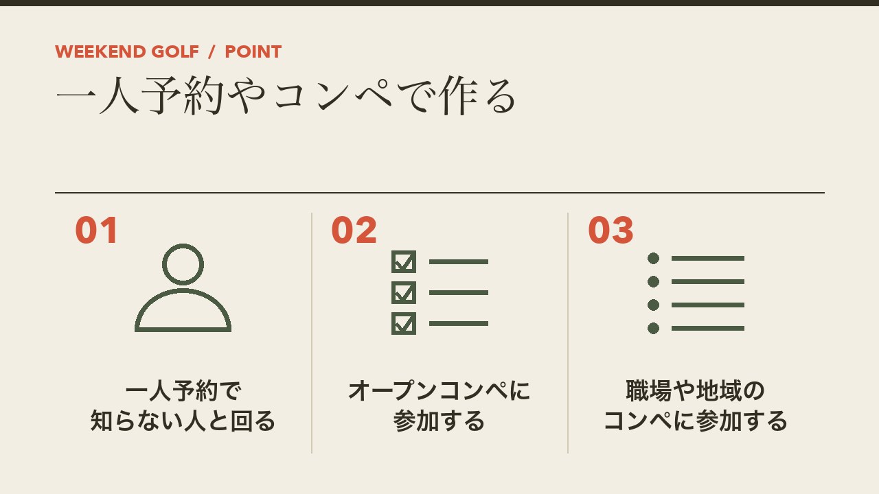 一人予約やコンペでゴルフ仲間を作る方法を、一人予約で知らない人と回る・オープンコンペに参加する・職場や地域のコンペに参加するの3つに分けて図解したインフォグラフィックです。