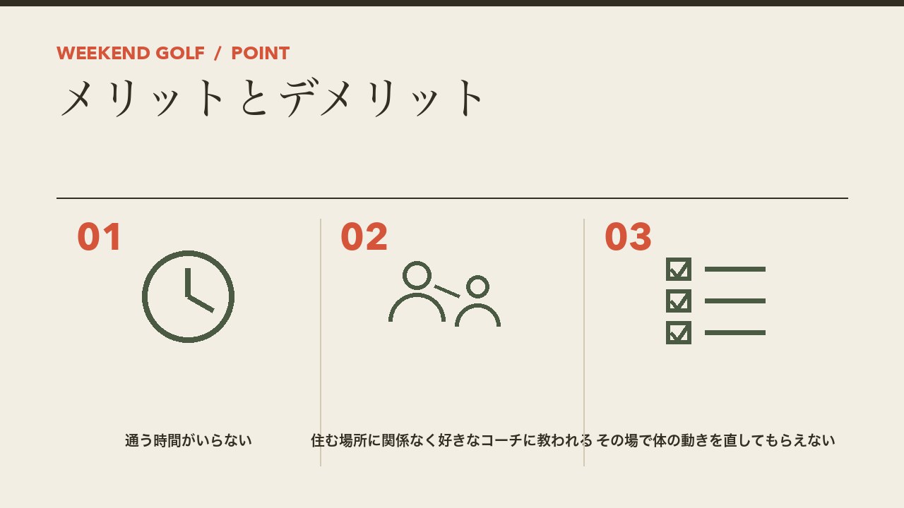 オンラインゴルフレッスンのメリットとデメリットを、通う時間がいらない・好きなコーチに教われる・その場で体の動きを直してもらえないの3つに分けて図解したインフォグラフィックです。