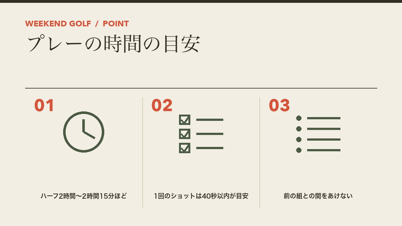 ゴルフのプレーの時間の目安を、ハーフ2時間から2時間15分ほど・1回のショットは40秒以内・前の組との間をあけないの3つに分けて図解したインフォグラフィックです。