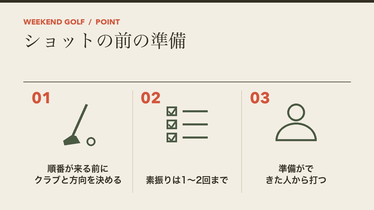 ゴルフのショットの前の準備を、順番が来る前にクラブと方向を決める・素振りは1回まで・準備ができた人から打つの3つに分けて図解したインフォグラフィックです。