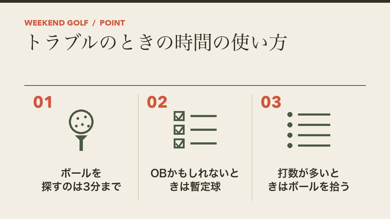 ゴルフのトラブルのときの時間の使い方を、ボールを探すのは3分まで・OBかもしれないときは暫定球・打数が多いときはボールを拾うの3つに分けて図解したインフォグラフィックです。