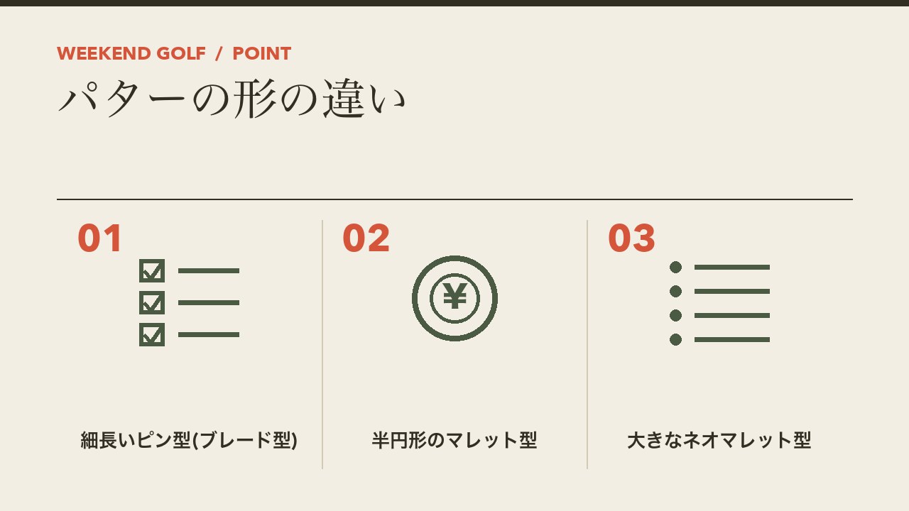 ゴルフのパターの形の違いを、細長いピン型・半円形のマレット型・大きなネオマレット型の3つに分けて図解したインフォグラフィックです。