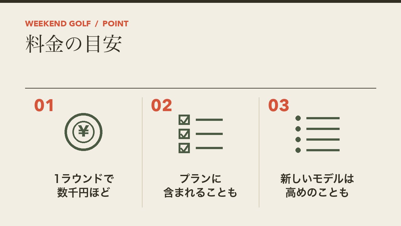 ゴルフ場のレンタルクラブの料金の目安を、1ラウンドで数千円ほど・プランに含まれることも・新しいモデルは高めの3つに分けて図解したインフォグラフィックです。