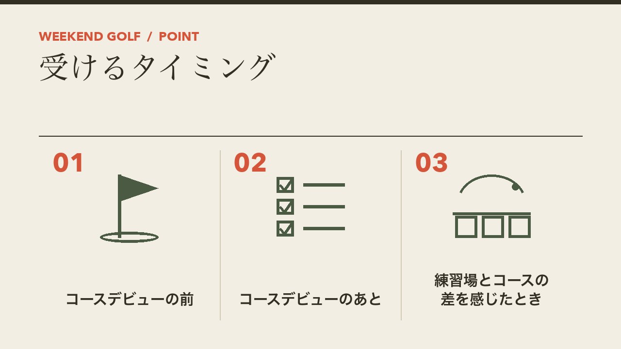ゴルフのラウンドレッスンを受けるタイミングを、コースデビューの前・コースデビューのあと・練習場とコースの差を感じたときの3つに分けて図解したインフォグラフィックです。