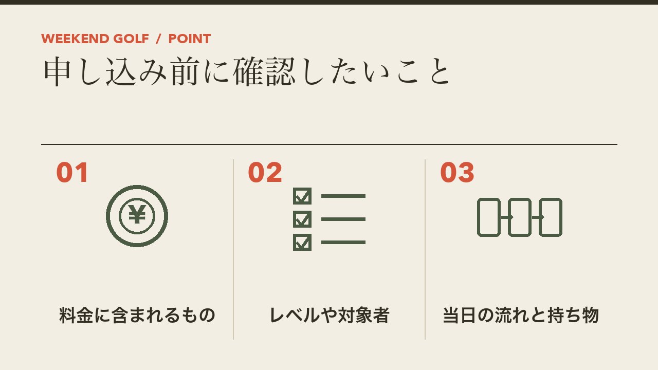 ゴルフのラウンドレッスンの申し込み前に確認したいことを、料金に含まれるもの・レベルや対象者・当日の流れと持ち物の3つに分けて図解したインフォグラフィックです。