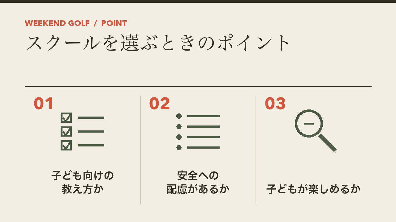 キッズゴルフスクールを選ぶときのポイントを、子ども向けの教え方か・安全への配慮・子どもが楽しめるかの3つに分けて図解したインフォグラフィックです。