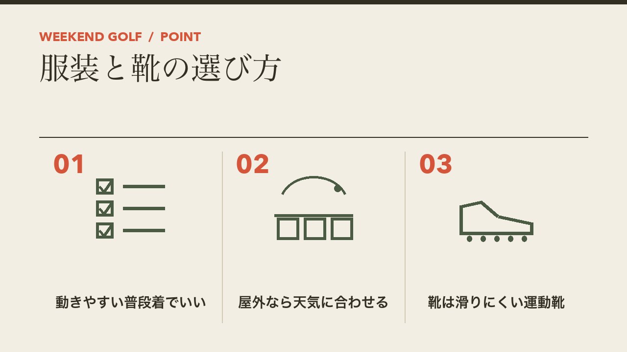 ゴルフスクールの服装と靴の選び方を、動きやすい普段着でいい・屋外なら天気に合わせる・靴は滑りにくい運動靴の3つに分けて図解したインフォグラフィックです。