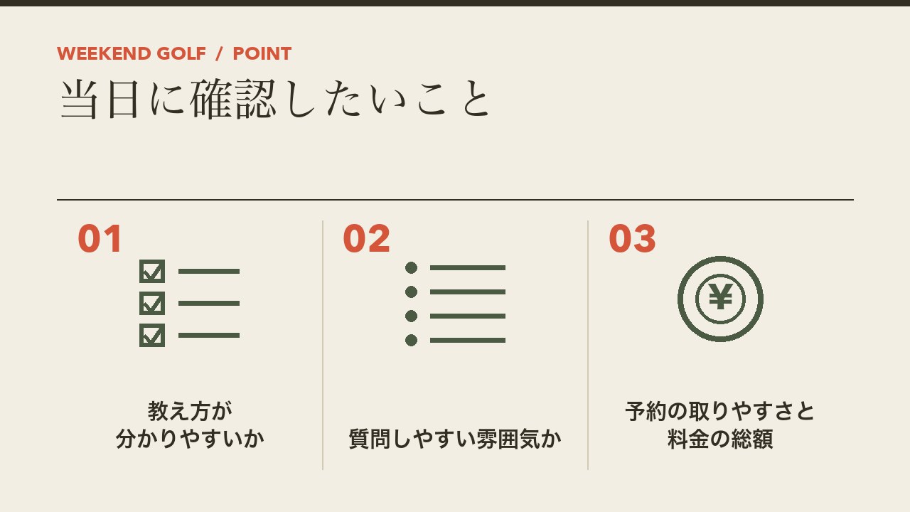 ゴルフスクールの体験レッスンの当日に確認したいことを、教え方が分かりやすいか・質問しやすい雰囲気か・予約の取りやすさと料金の総額の3つに分けて図解したインフォグラフィックです。