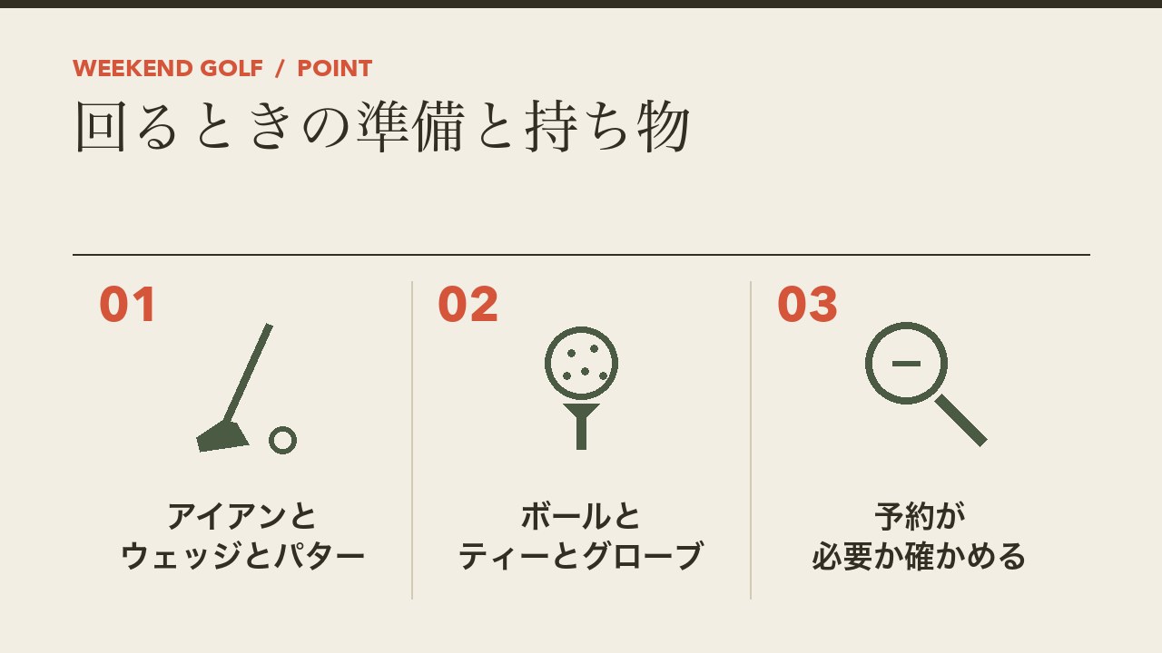 ショートコースを回るときの準備と持ち物を、アイアンとウェッジとパター・ボールとティーとグローブ・予約が必要か確かめるの3つに分けて図解したインフォグラフィックです。