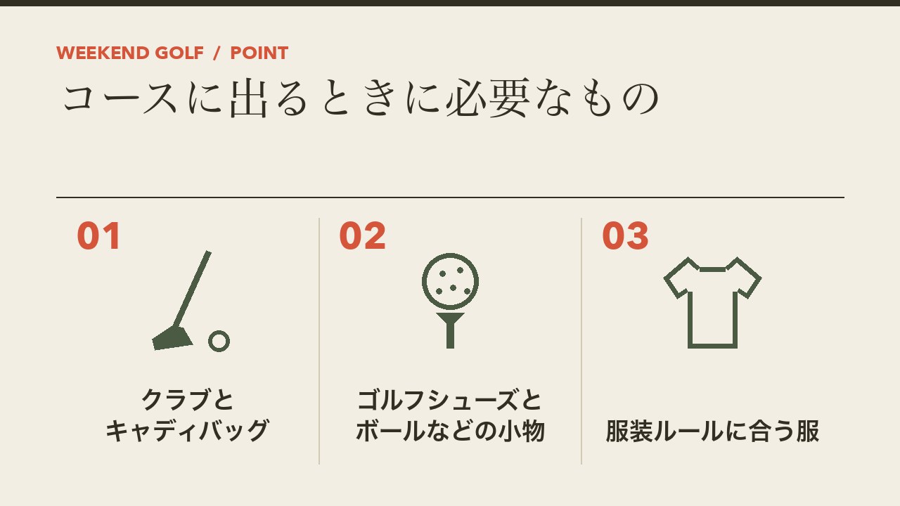 コースに出るときに必要なものを、クラブとキャディバッグ・ゴルフシューズとボールなどの小物・ゴルフ場の服装ルールに合う服の3つに分けて図解したインフォグラフィックです。