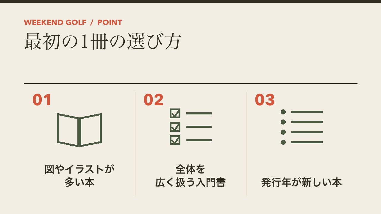 ゴルフ初心者の最初の1冊の選び方を、図やイラストが多い本・全体を広く扱う入門書・新しい発行年の本の3つに分けて図解したインフォグラフィックです。