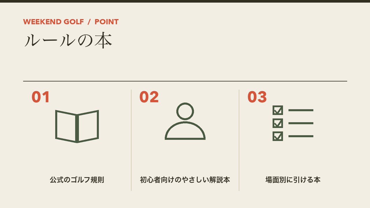 ゴルフのルールの本の選び方を、公式のゴルフ規則・初心者向けのやさしい解説本・場面別に引ける本の3つに分けて図解したインフォグラフィックです。