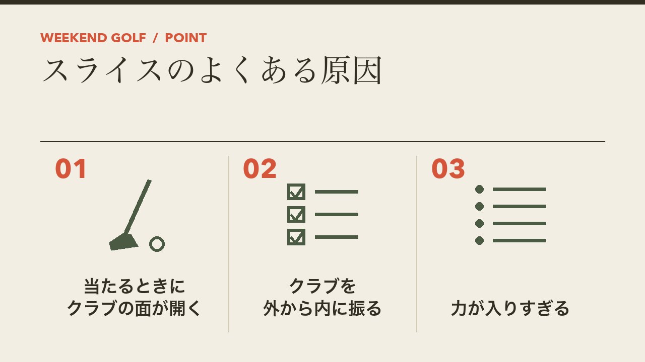 ゴルフのスライスのよくある原因を、当たるときにクラブの面が開く・外から内に振る・力が入りすぎるの3つに分けて図解したインフォグラフィックです。