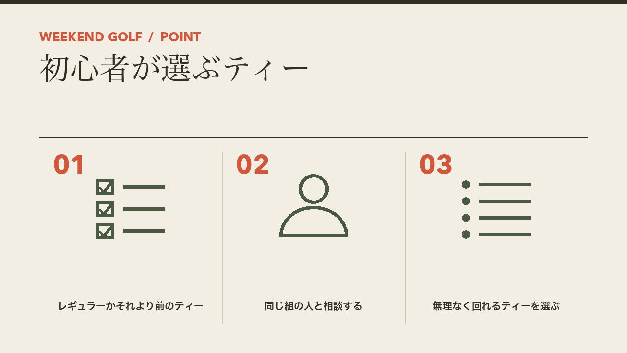 初心者が選ぶティーを、レギュラーかそれより前のティー・同じ組の人と相談する・無理なく回れるティーを選ぶの3つに分けて図解したインフォグラフィックです。