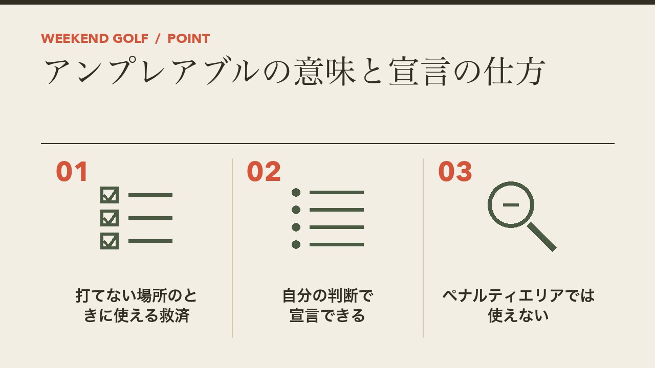 ゴルフのアンプレアブルの意味と宣言の仕方を、打てない場所のときに使える救済・自分の判断で宣言できる・ペナルティエリアでは使えないの3つに分けて図解したインフォグラフィックです。