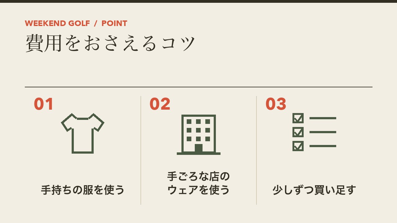 初心者のゴルフウェアの費用をおさえるコツを、手持ちの服を使う・手ごろな店のウェアを使う・少しずつ買い足すの3つに分けて図解したインフォグラフィックです。