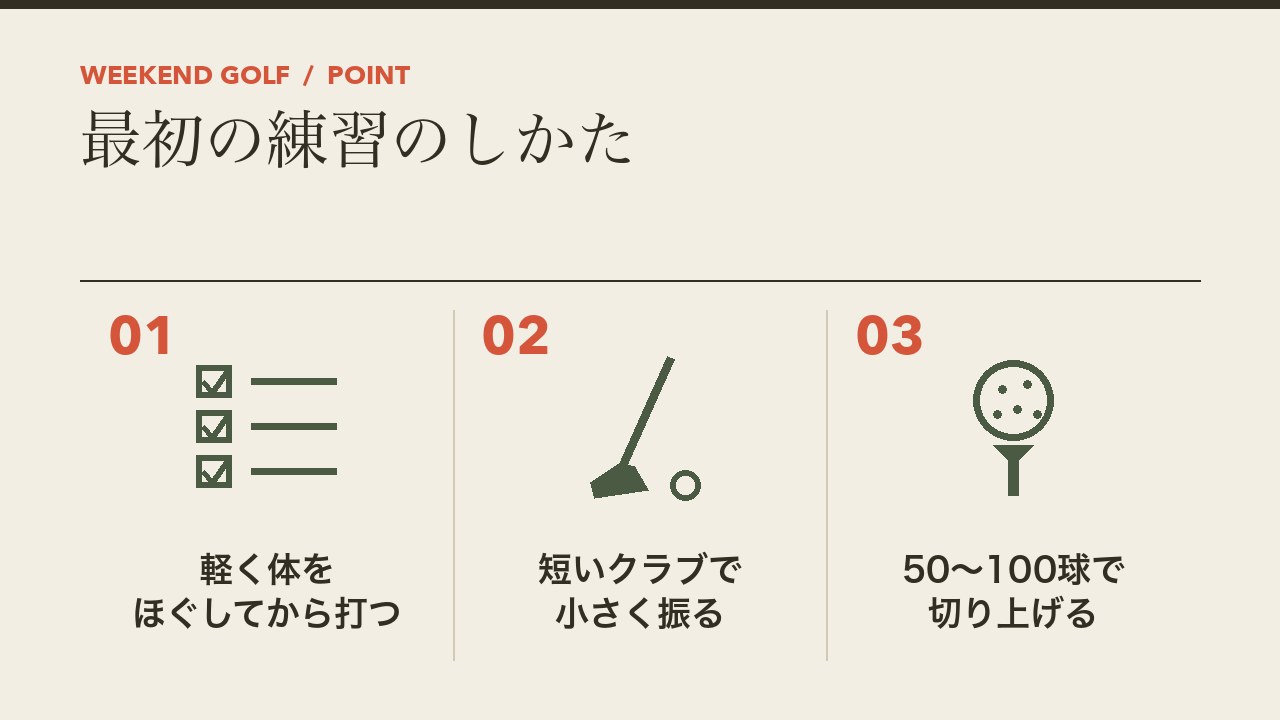 打ちっぱなしでの最初の練習のしかたを、軽く体をほぐしてから打つ・短いクラブで小さく振る・50から100球で切り上げるの3つに分けて図解したインフォグラフィックです。