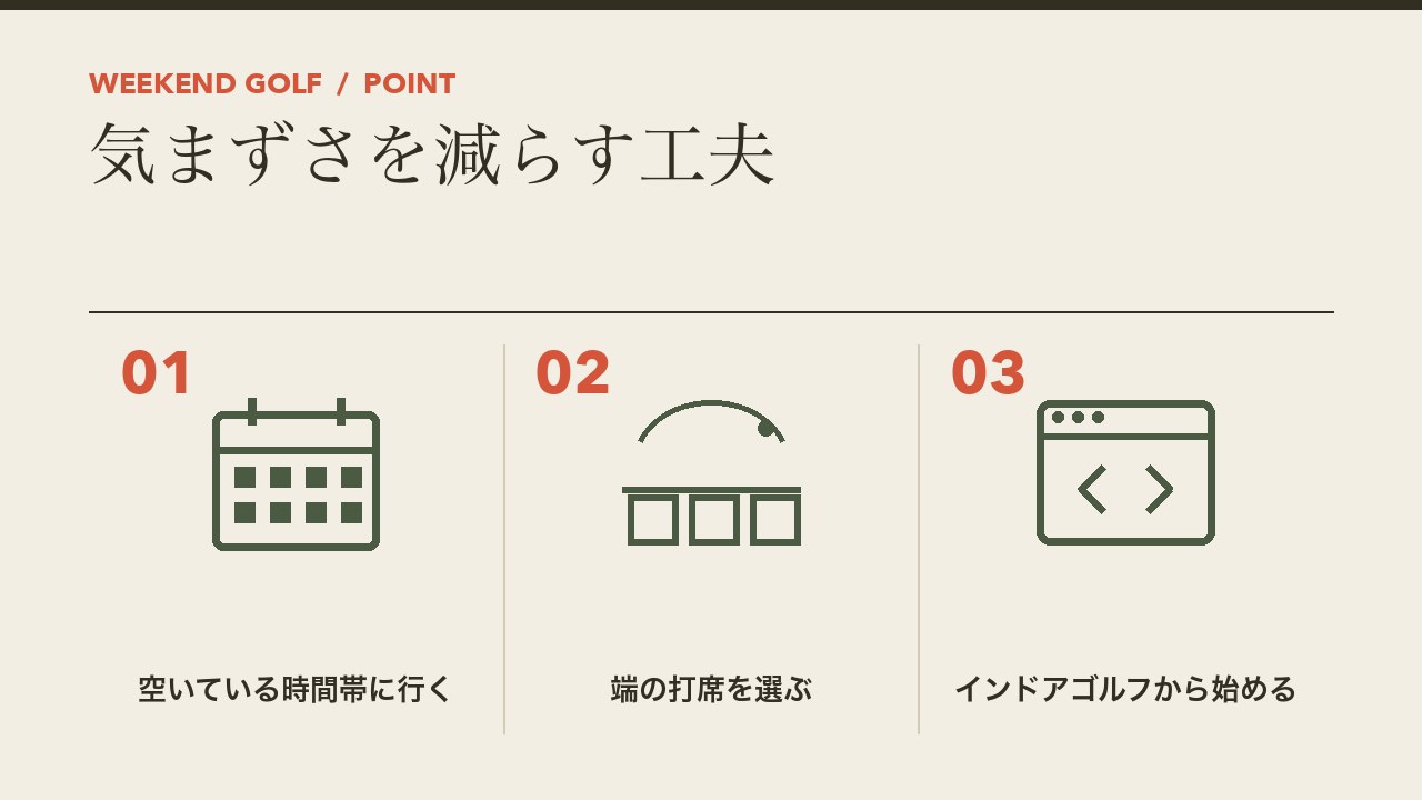 打ちっぱなしで気まずさを減らす工夫を、空いている時間帯に行く・端の打席を選ぶ・インドアゴルフから始めるの3つに分けて図解したインフォグラフィックです。