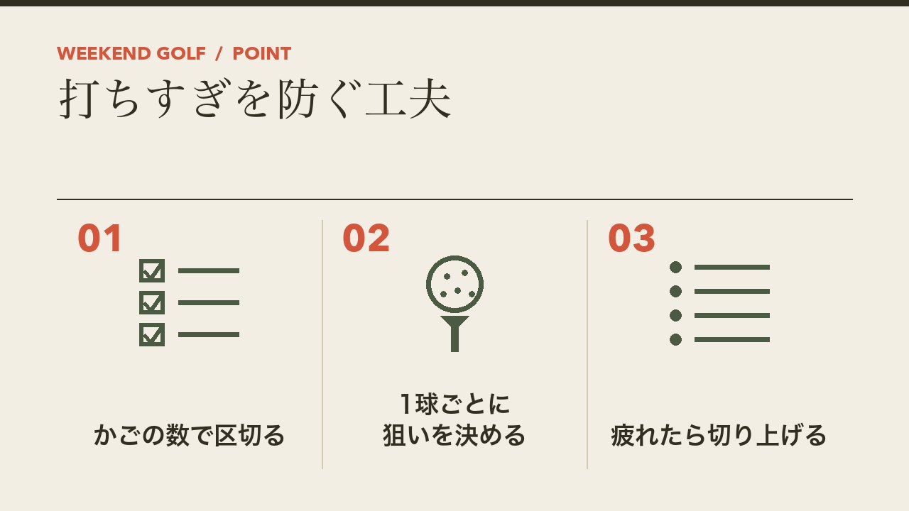 打ちっぱなしの打ちすぎを防ぐ工夫を、かごの数で区切る・1球ごとに狙いを決める・疲れたら切り上げるの3つに分けて図解したインフォグラフィックです。